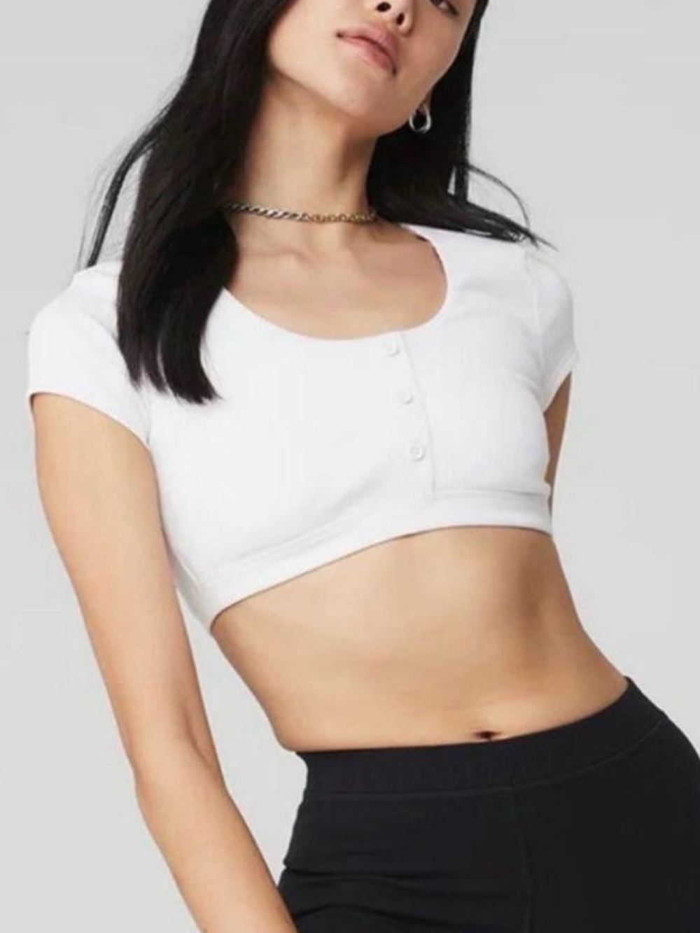 ALO Yoga Blissful Henley White Ribbed Scoop Neckline Short Sleeve Bra Crop Top S